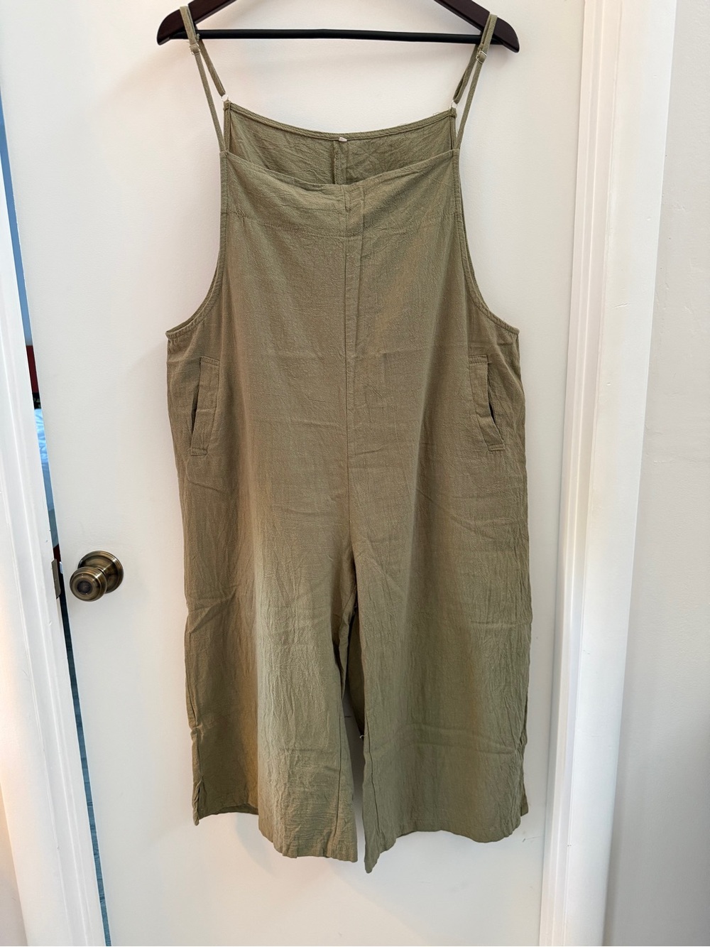 Olive Green Wide-Leg Cotton-Blend Cropped Overalls